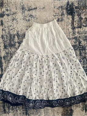 White Tiered Maxi Skirt with Navy Trim